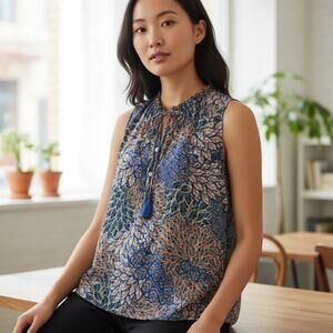 Daniel Rainn Tasseled Tank Womens Medium Blue Multicolor Leafy Print Shell Top